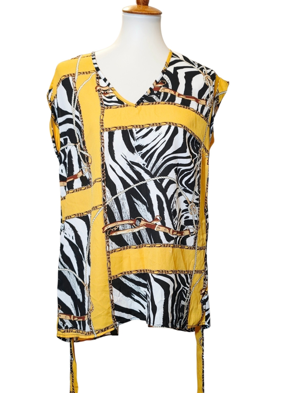 New York & Company Yellow and Black Zebra-Print V-Neck Tunic